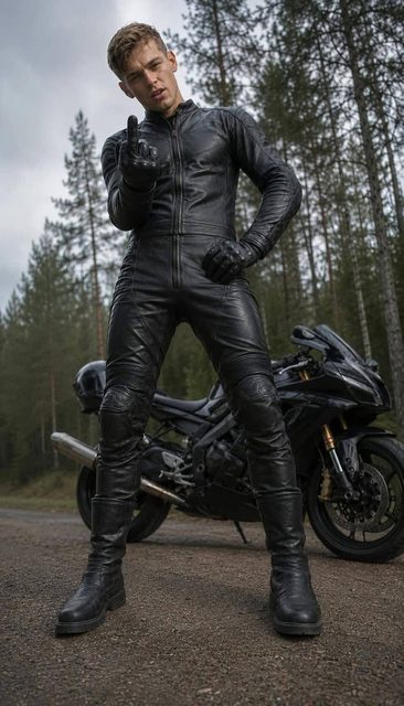 A young man in a full black leather motorcycle suit and gloves stands defiantly in front of his bike on a wooded road.