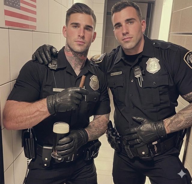 Two muscular men in black police uniforms and leather gloves pose together in a tiled room, with one holding a cigar and a beer.