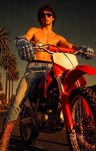 A shirtless, athletic man wearing denim jeans and cowboy boots poses on a red motocross bike on a palm-lined road.