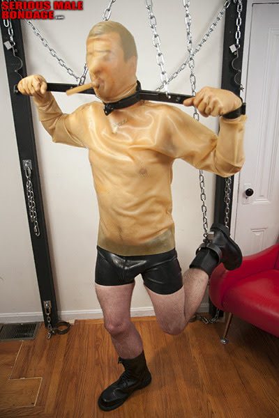 A man in a latex mask and suit is suspended by chains and restrained by a collar and ankle cuff.