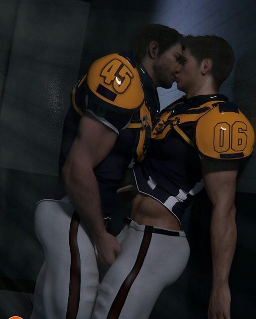 Two muscular men in football uniforms share a passionate kiss.