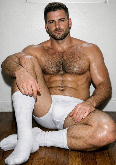 A muscular hairy man sits on a wooden floor in white briefs and socks.