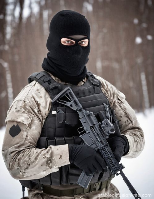 A man wearing a black balaclava and full tactical military gear stands in a snowy forest holding a rifle.