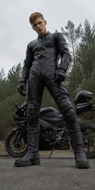 A young man wearing a full black leather motorcycle suit and boots stands authoritatively in front of his bike on a wooded road.