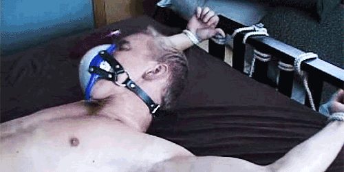 A man is shown lying in a bed, restrained by rope bondage to the headboard, wearing a mask and collar.