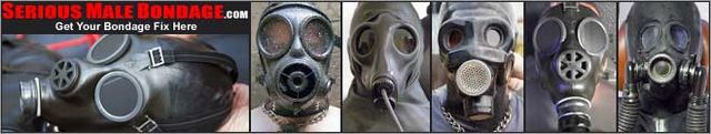 A composite collage banner displaying multiple men wearing black rubber gas masks, latex hoods, and metal neck chains.