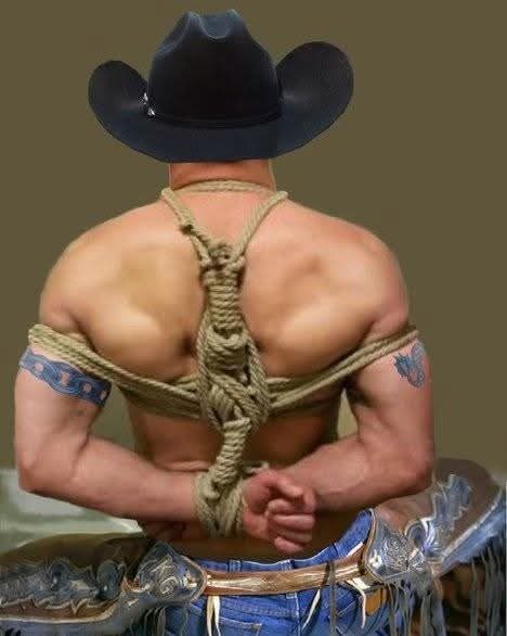 A man wearing a cowboy hat is shown from behind with rope bondage on his torso and arms.
