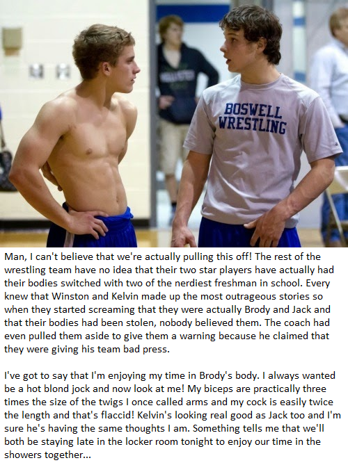 Two young men in sportswear stand and talk in a gym setting.