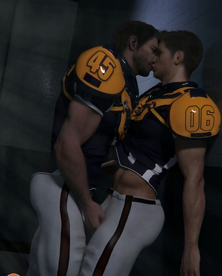 Two muscular men in football uniforms share a passionate kiss.